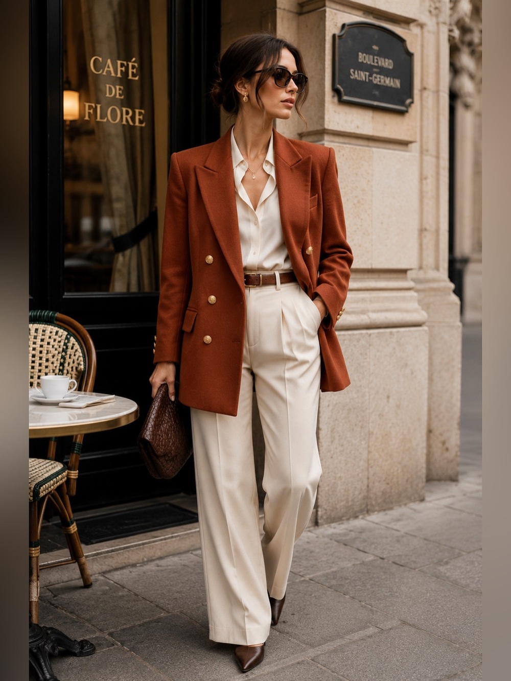 Escada Cashmere Blazer 40 Rust Brown Gold Button Double Breasted Jacket